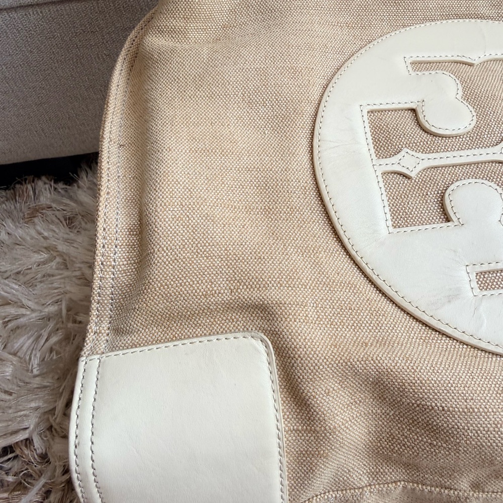 Large Tory Burch Beige Canvas Tote with Ivory Leather Trim and Logo - Picture 7 of 7